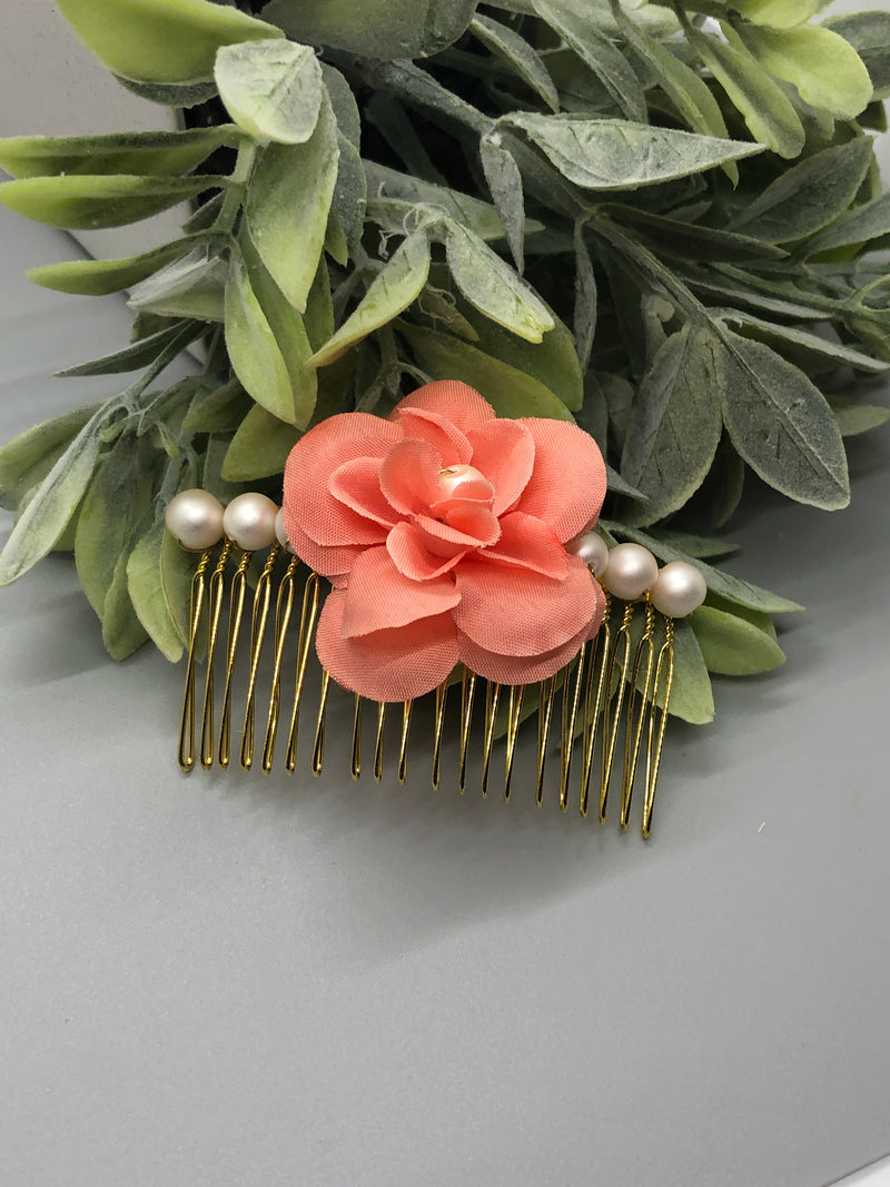 Peach Flower White Beads 3.5' Metal Side Comb Retro Vintage Style 1 pc