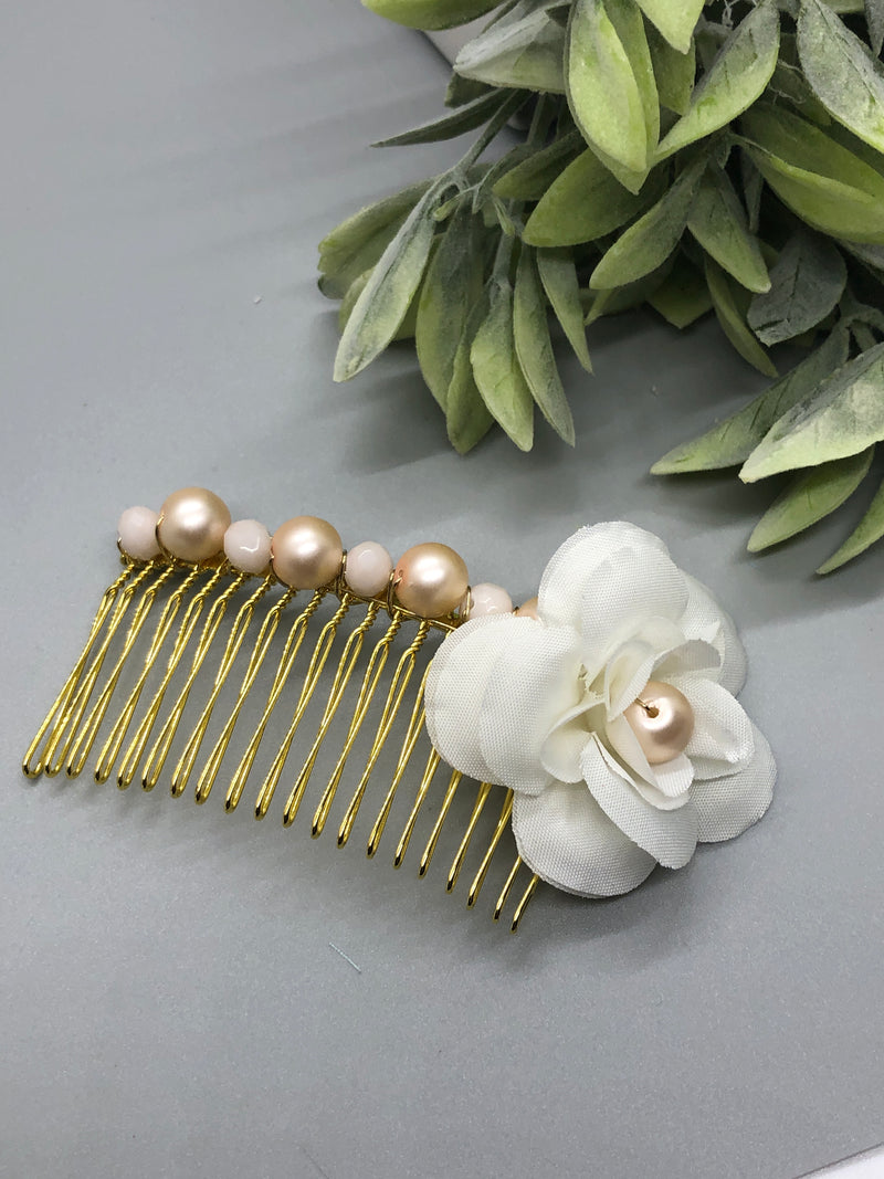 White Flower Cream Beige Beads 3.5' Metal Side Comb Retro Vintage Style 1 pc