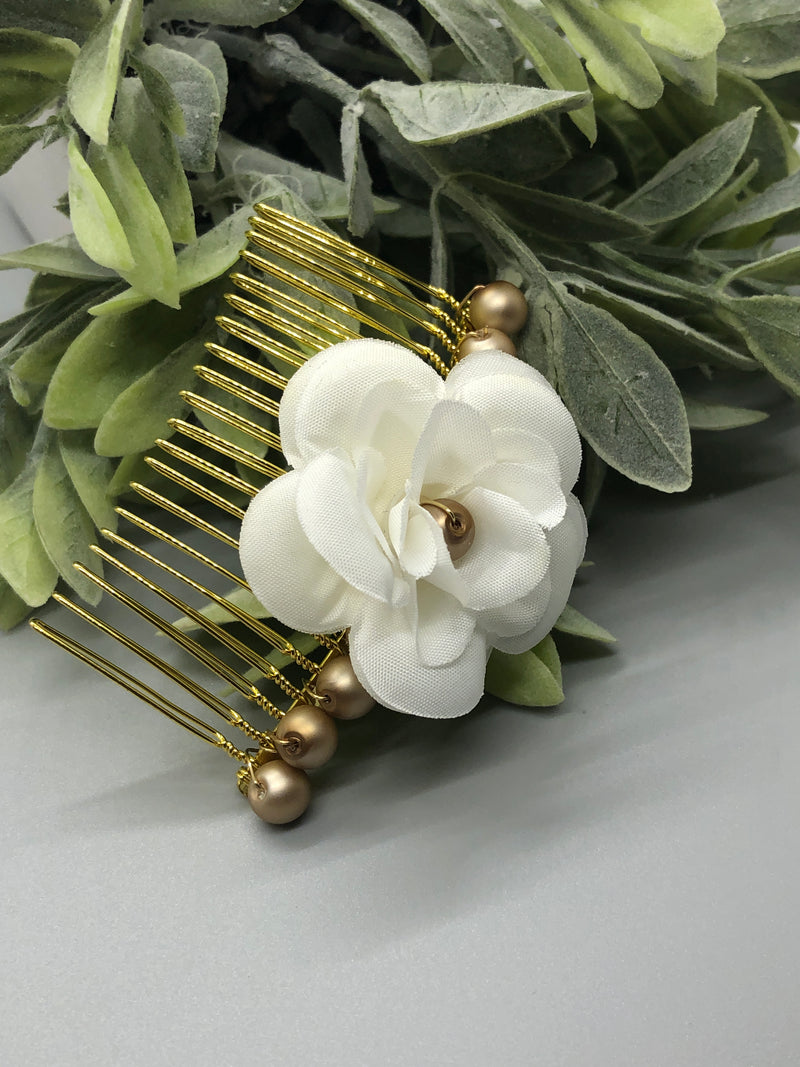 White Flower Gold Beads 3.5' Metal Side Comb Retro Vintage Style 1 pc