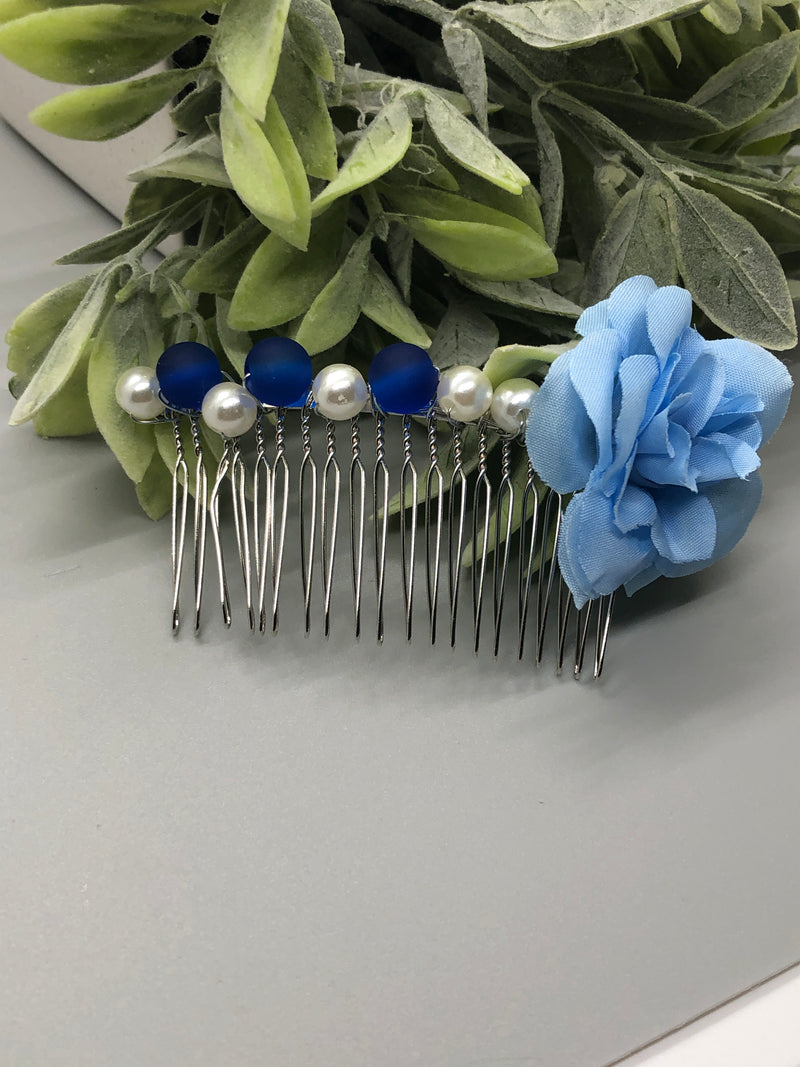 Baby Blue Flower Navy Blue White Beads 3.5' Metal Side Comb Retro Vintage Style 1 pc