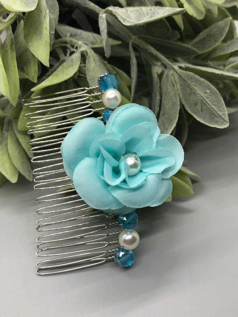 Baby Teal Flower Teal White Beads 3.5' Metal Side Comb Retro Vintage Style 1 pc