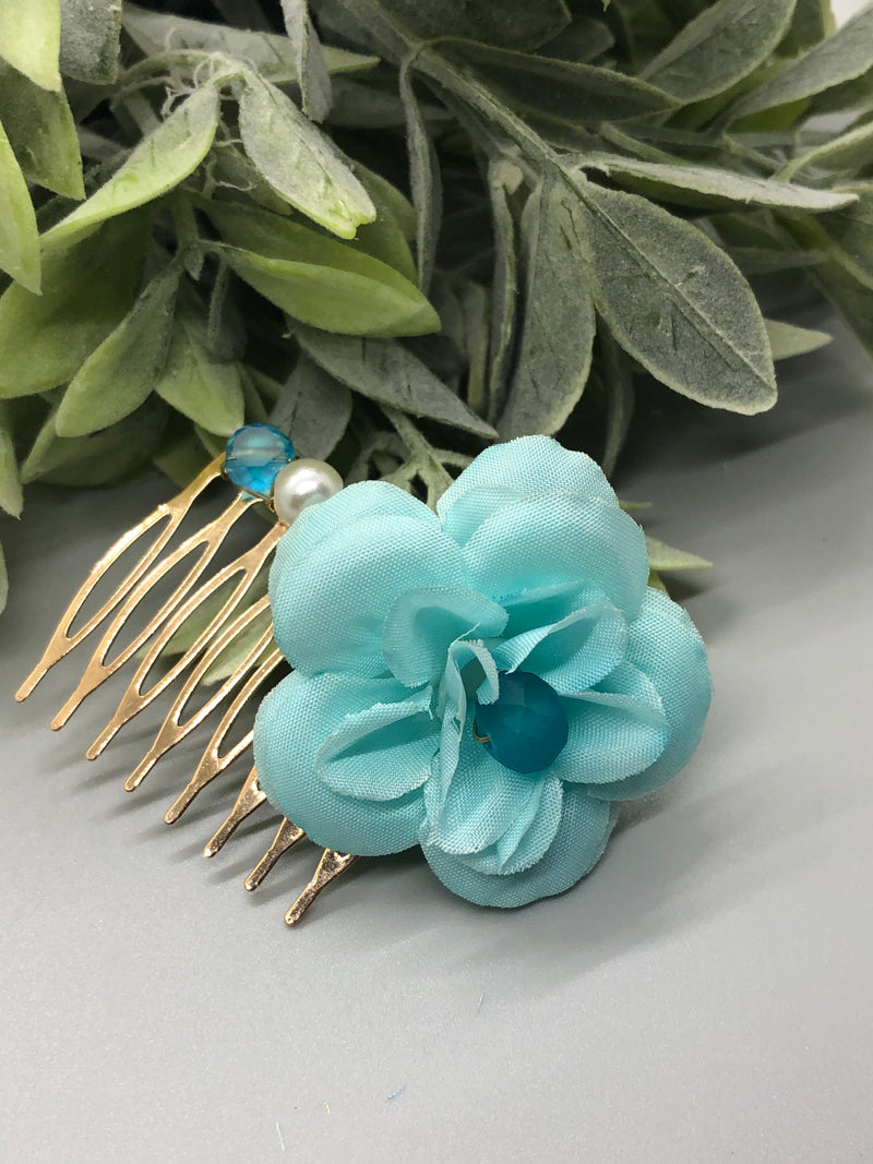 Baby Teal Flower Baby Teal White Beads 2.0' Metal Side Comb Retro Vintage Style 1 pc