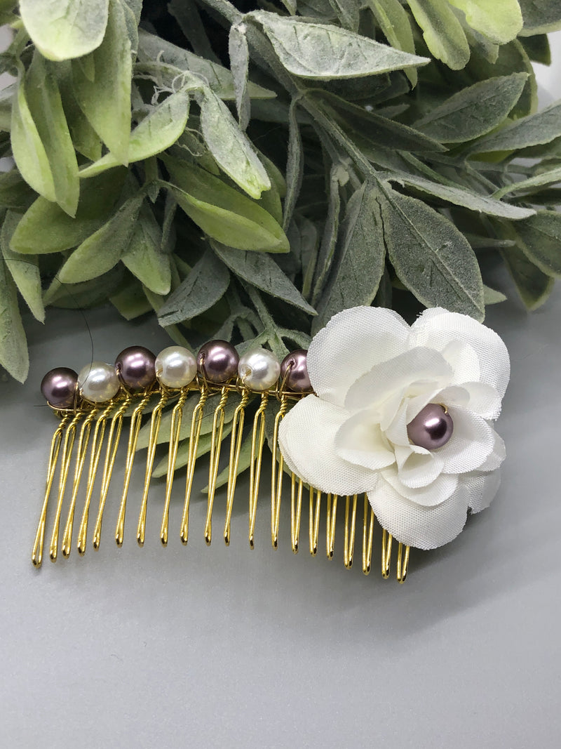 White Flower Gray White  Beads 2.0' Metal Side Comb Retro Vintage Style 1 pc