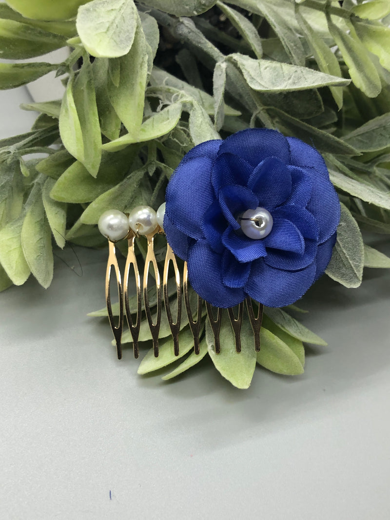 Navy Blue Flower White Beads 2.0' Metal Side Comb Retro Vintage Style 1 pc