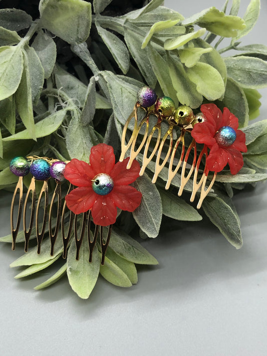 Red Acrylic Flower Multi Color 2.0" Beads Metal Side Comb Retro Vintage Style 2 pc
