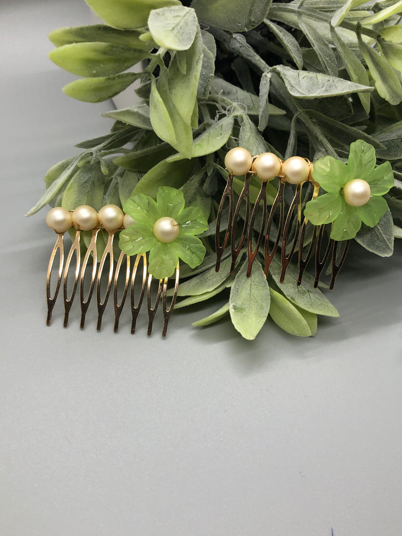 Green Acrylic Flower Soft Yellow Beads 2.0" Metal Side Comb Retro Vintage Style 2 pc