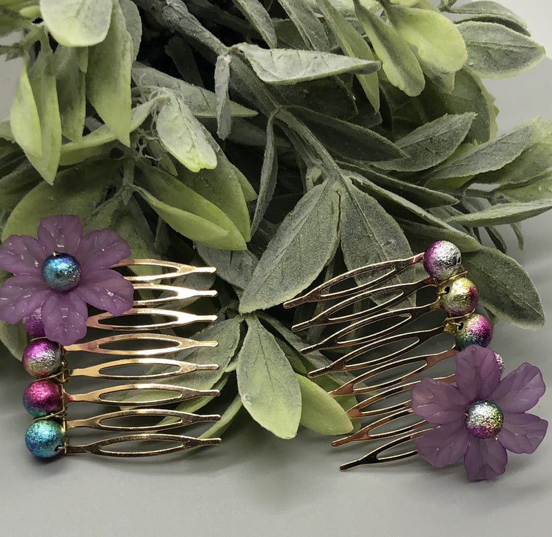 Purple Acrylic Flower Peacock Multi Color Beads 2.0" Metal Side Comb Retro Vintage Style 2 pc