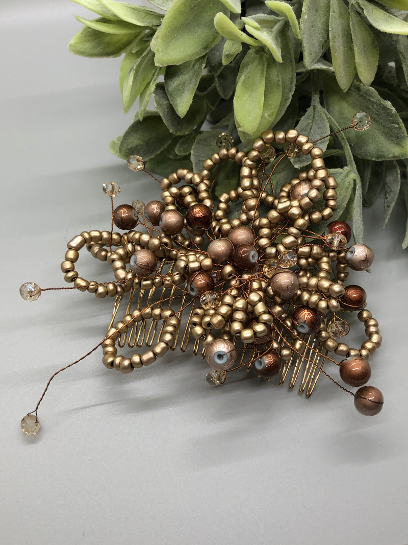 Bronze Gold Beaded  Hair Vines Comb 3.5' Gold Metal Comb Retro Bridal Prom Wedding Party