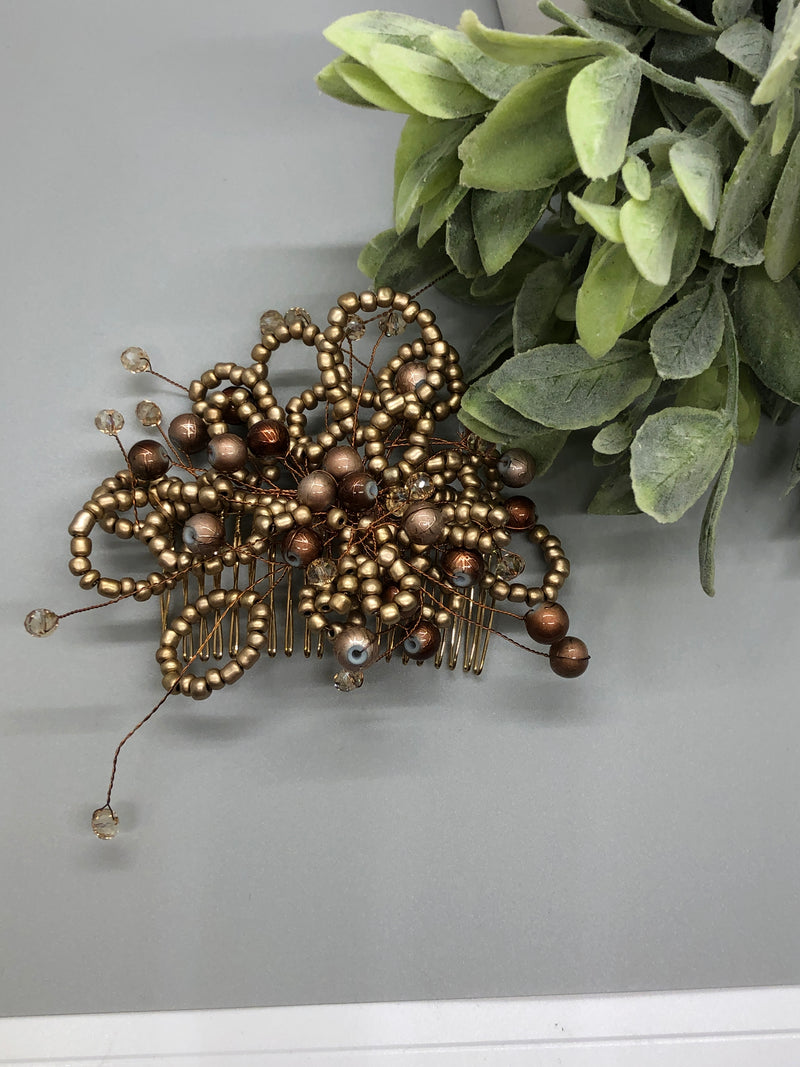 Bronze Gold Beaded  Hair Vines Comb 3.5' Gold Metal Comb Retro Bridal Prom Wedding Party