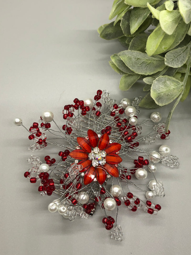 Red Rhinestone Flower Red White Pearl Beaded White Hair Clip Comb Retro Bridal Wedding Party