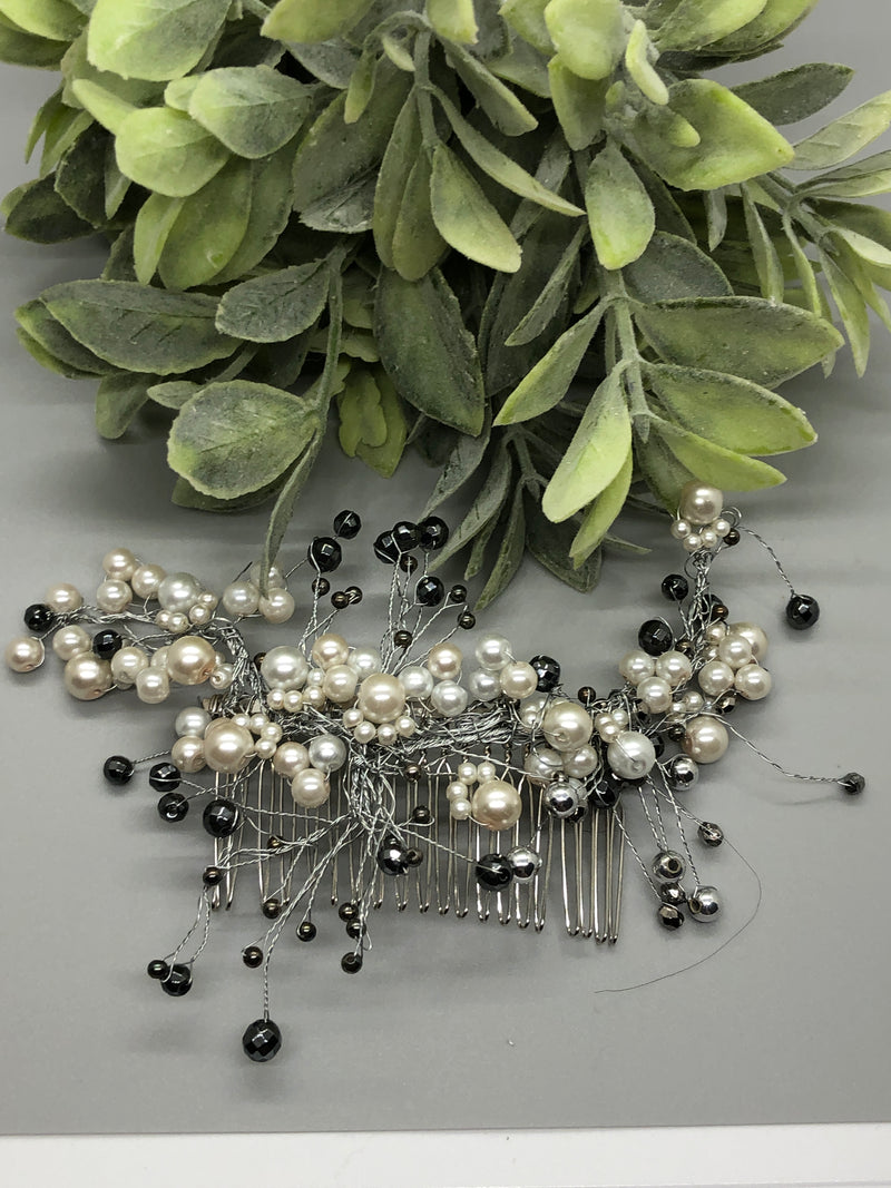 White Silver Pearl Beaded Hair Vines Clip 3.5' Meatal Silver Comb Retro Bridal Wedding Party