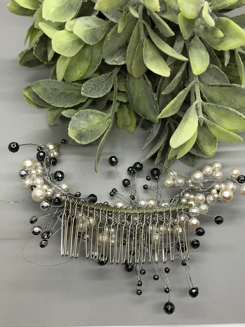 White Silver Pearl Beaded Hair Vines Clip 3.5' Meatal Silver Comb Retro Bridal Wedding Party