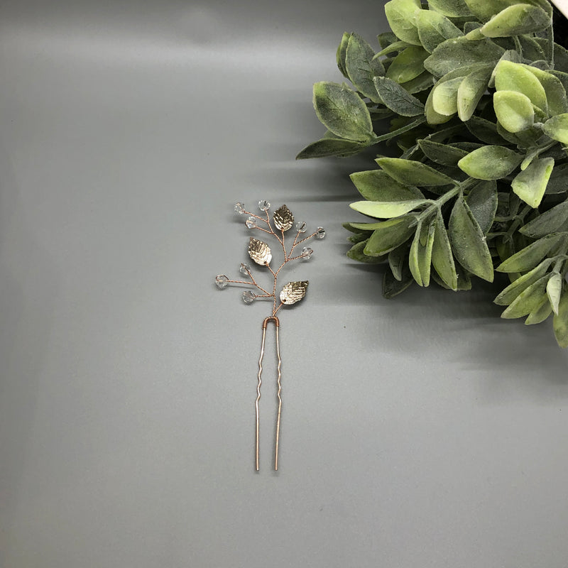 Rose Gold Leaves Clear Crystal Beaded  Hair Pin Metal Comb Retro Bridal Prom Wedding Party