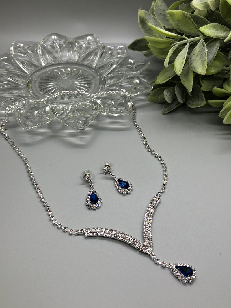 Navy Blue Crystal Rhinestone Bridal Necklace Earrings Sets Wedding Formal Shower Party Event Accessories