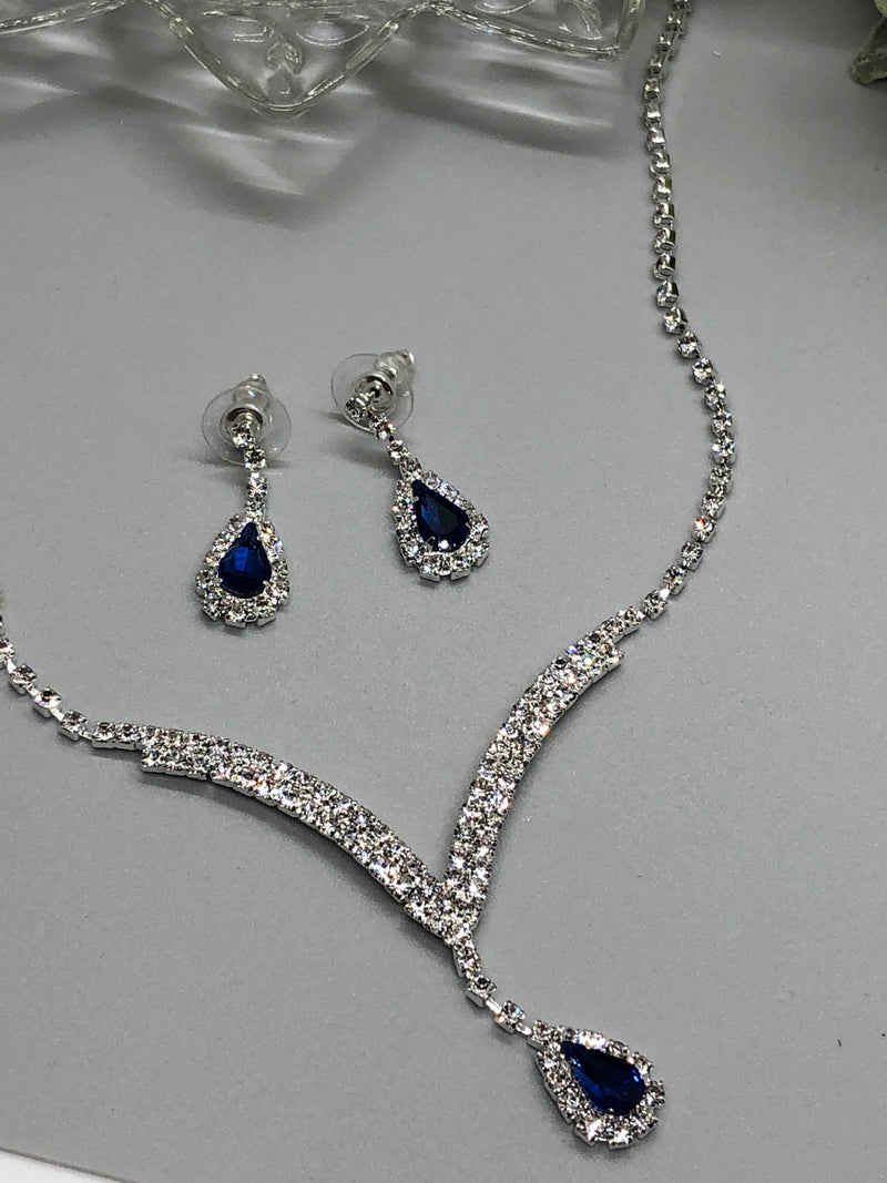 Navy Blue Crystal Rhinestone Bridal Necklace Earrings Sets Wedding Formal Shower Party Event Accessories