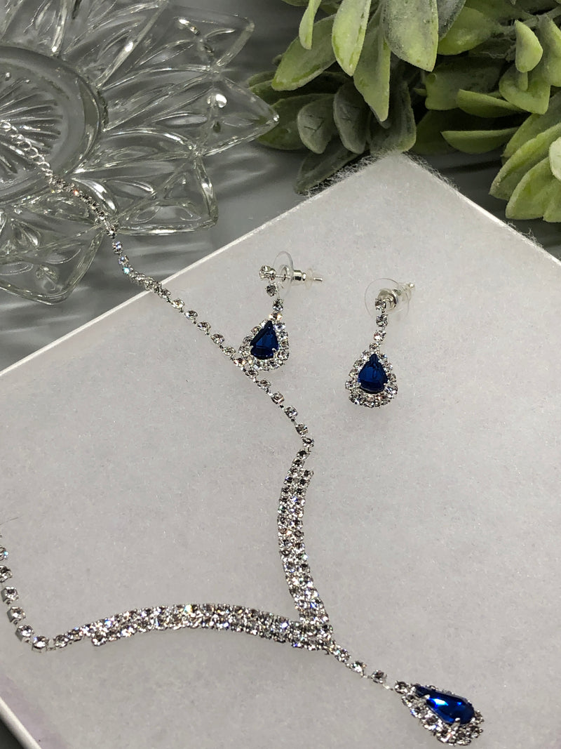 Navy Blue Crystal Rhinestone Bridal Necklace Earrings Sets Wedding Formal Shower Party Event Accessories