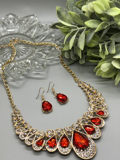 Red Crystal Rhinestone Bridal Necklace Earrings Sets Wedding Formal Shower Party Event Accessories #009