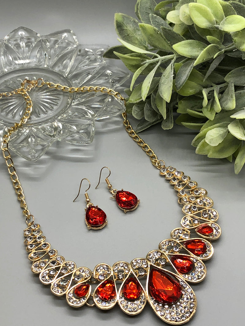 Red Crystal Rhinestone Bridal Necklace Earrings Sets Wedding Formal Shower Party Event Accessories