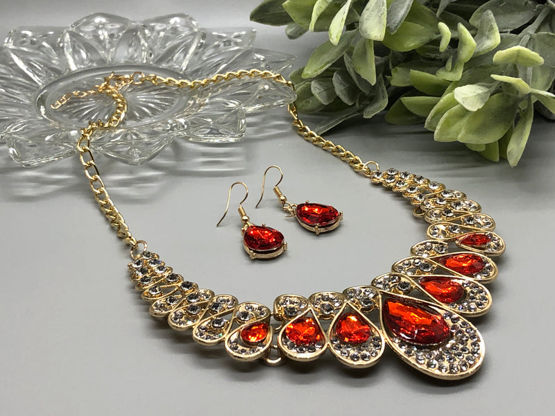 Red Crystal Rhinestone Bridal Necklace Earrings Sets Wedding Formal Shower Party Event Accessories