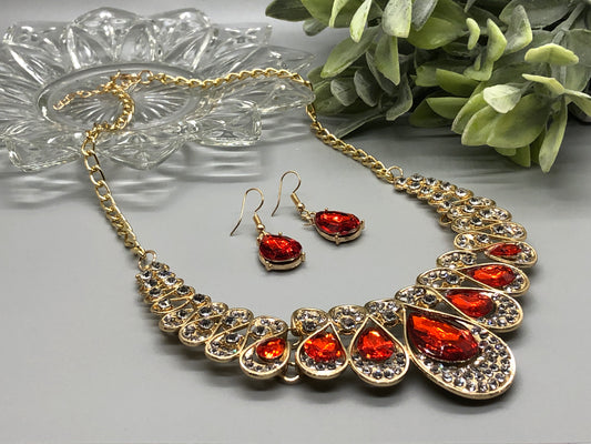 Red Crystal Rhinestone Bridal Necklace Earrings Sets Wedding Formal Shower Party Event Accessories #009