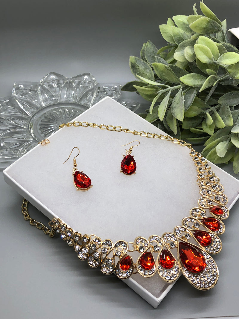 Red Crystal Rhinestone Bridal Necklace Earrings Sets Wedding Formal Shower Party Event Accessories