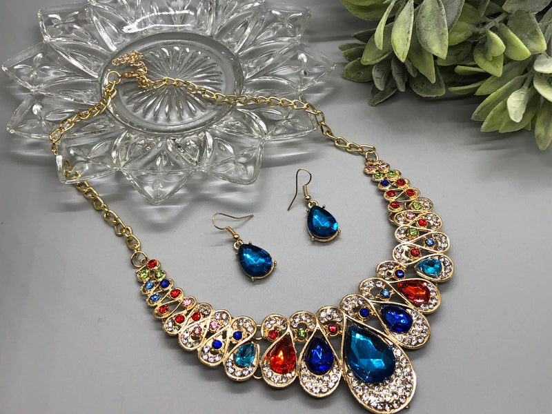 Rainbow Multi Color Crystal Rhinestone Bridal Necklace Earrings Sets Wedding Formal Shower Party Event Accessories