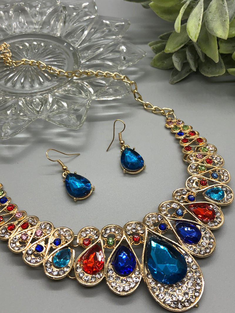 Rainbow Multi Color Crystal Rhinestone Bridal Necklace Earrings Sets Wedding Formal Shower Party Event Accessories