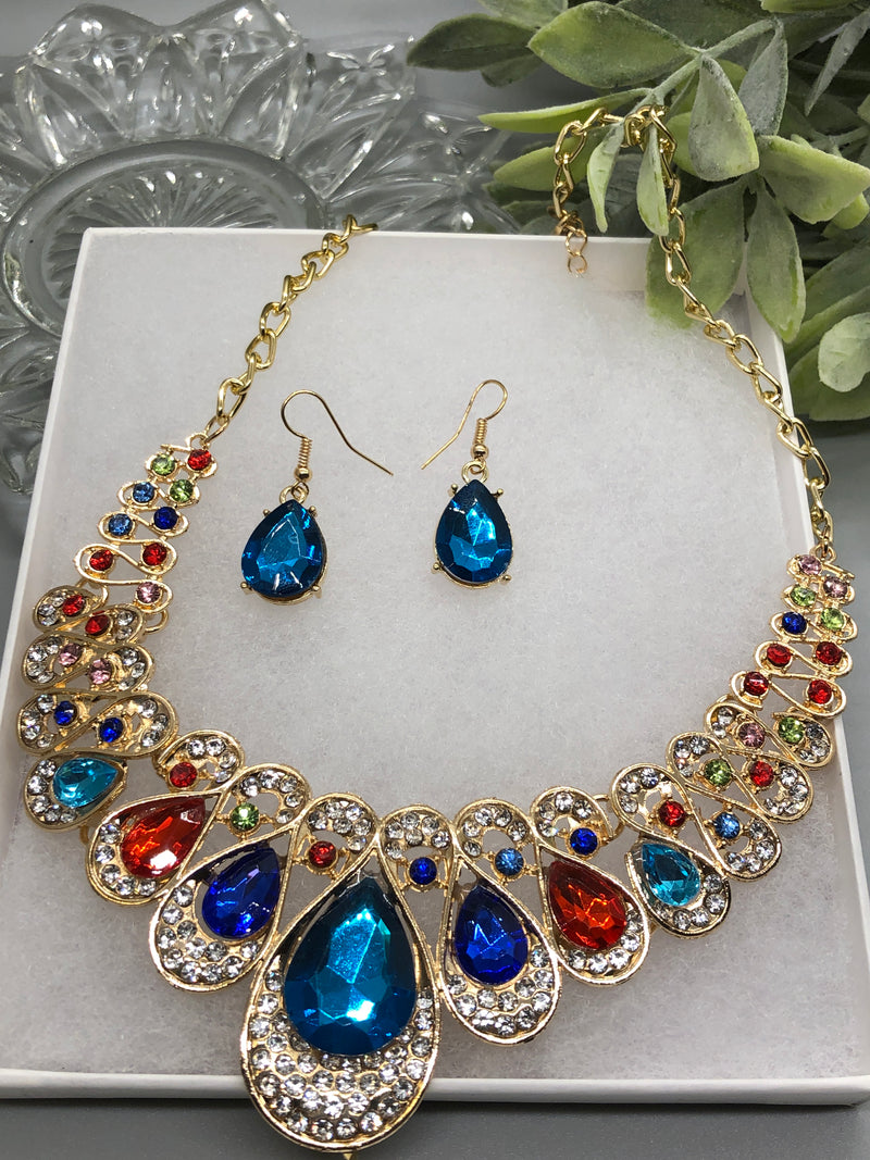 Rainbow Multi Color Crystal Rhinestone Bridal Necklace Earrings Sets Wedding Formal Shower Party Event Accessories