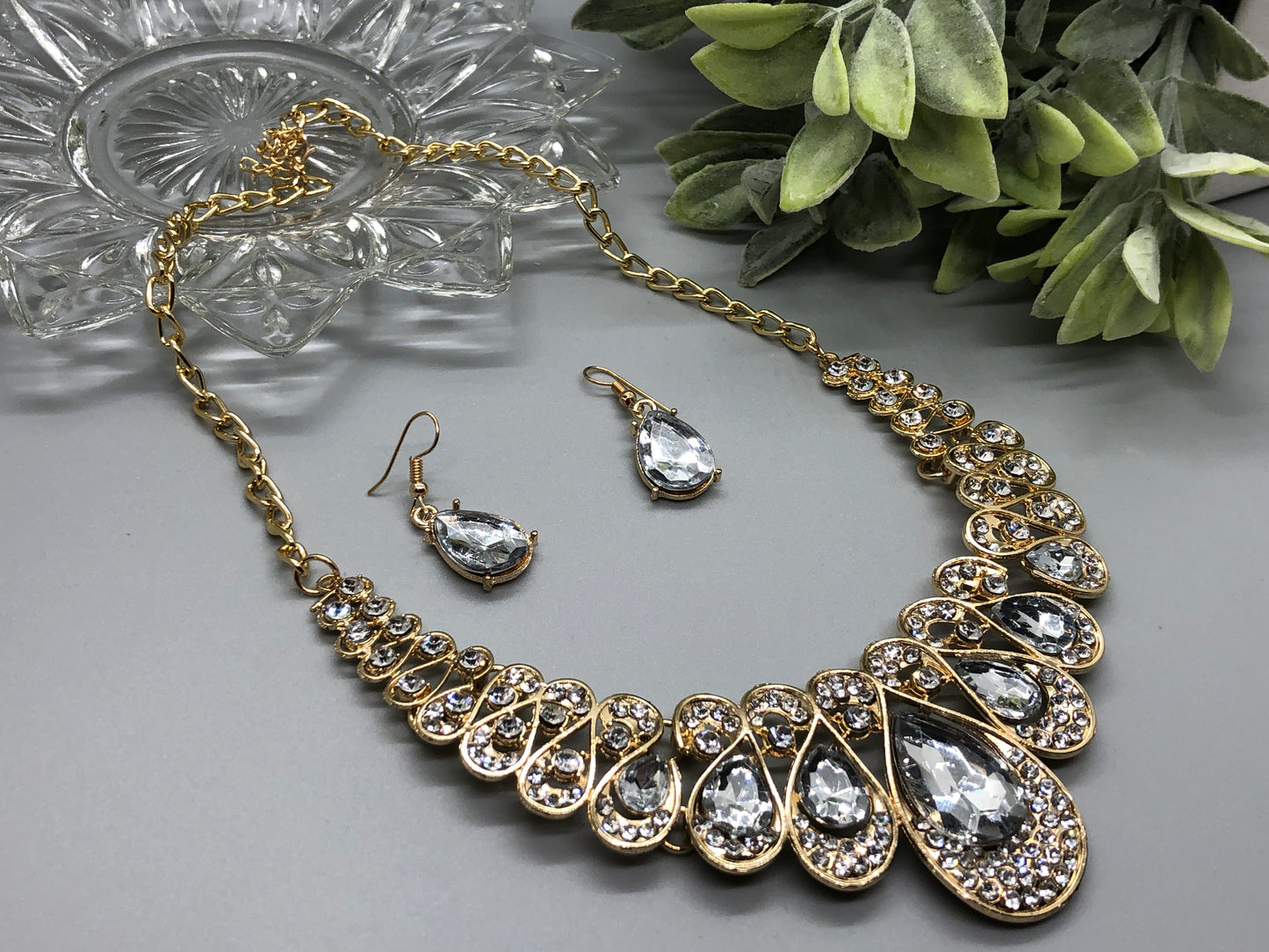 Silver Crystal Rhinestone Bridal Necklace Earrings Sets Wedding Formal Shower Party Event Accessories #012