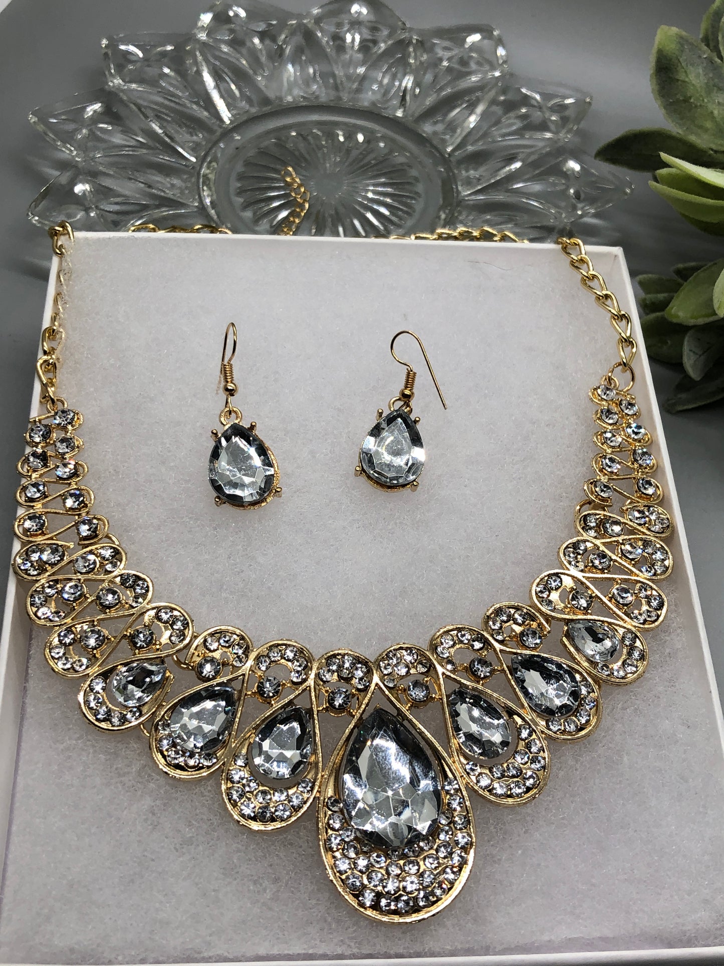 Silver Crystal Rhinestone Bridal Necklace Earrings Sets Wedding Formal Shower Party Event Accessories #012