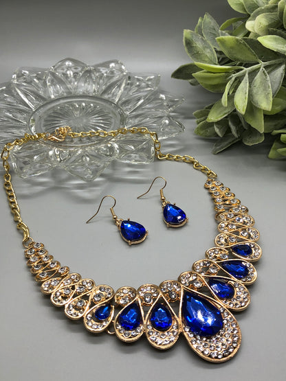 Navy Blue Crystal Rhinestone Bridal Necklace Earrings Sets Wedding Formal Shower Party Event Accessories #013