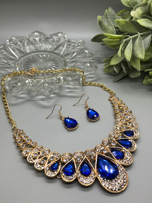Navy Blue Crystal Rhinestone Bridal Necklace Earrings Sets Wedding Formal Shower Party Event Accessories #013