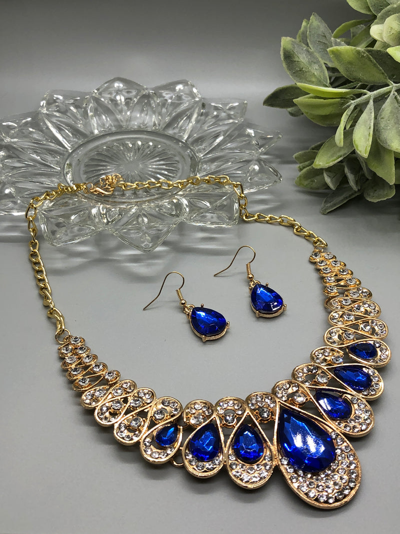 Navy Blue Crystal Rhinestone Bridal Necklace Earrings Sets Wedding Formal Shower Party Event Accessories