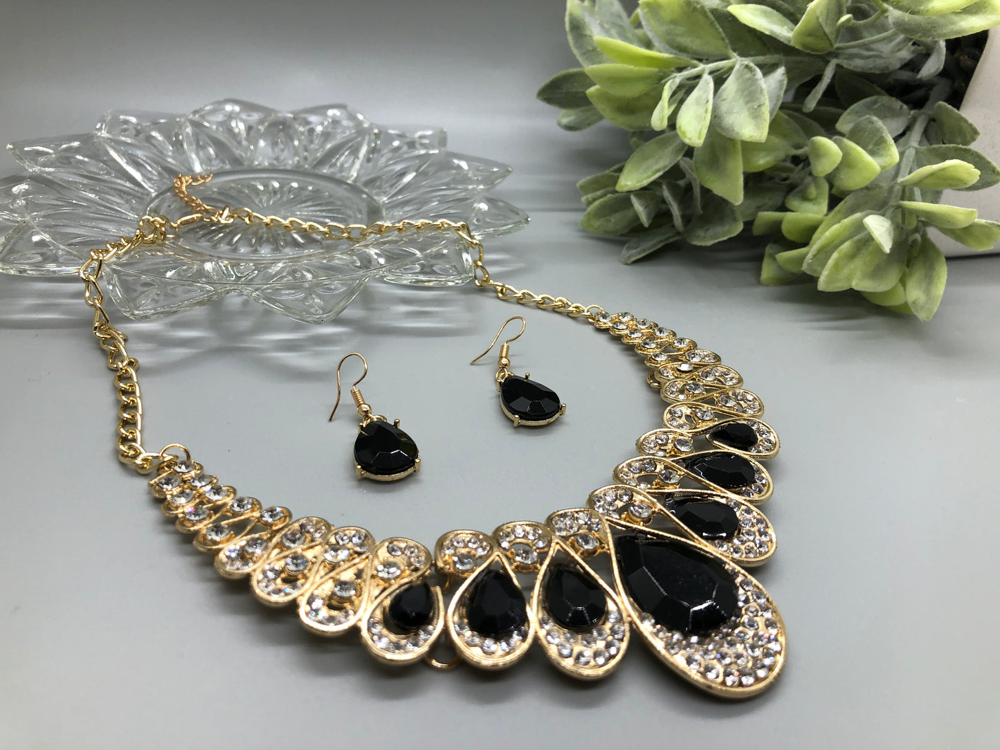 Black Crystal Rhinestone Bridal Necklace Earrings Sets Wedding Formal Shower Party Event Accessories #014