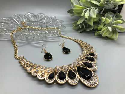 Black Crystal Rhinestone Bridal Necklace Earrings Sets Wedding Formal Shower Party Event Accessories #014