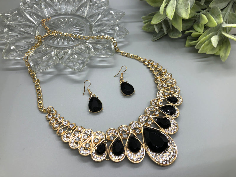 Black Crystal Rhinestone Bridal Necklace Earrings Sets Wedding Formal Shower Party Event Accessories