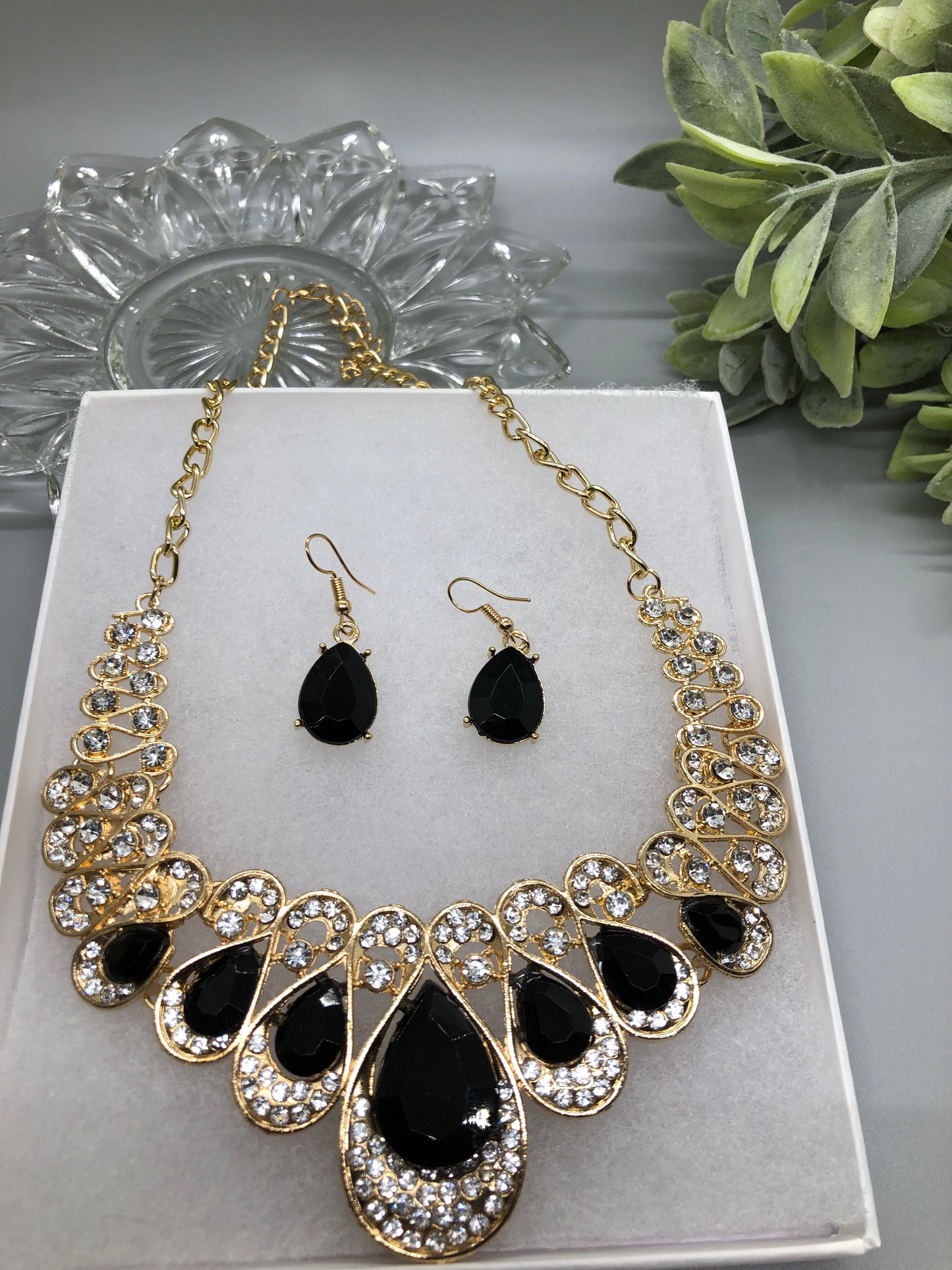 Black Crystal Rhinestone Bridal Necklace Earrings Sets Wedding Formal Shower Party Event Accessories #014