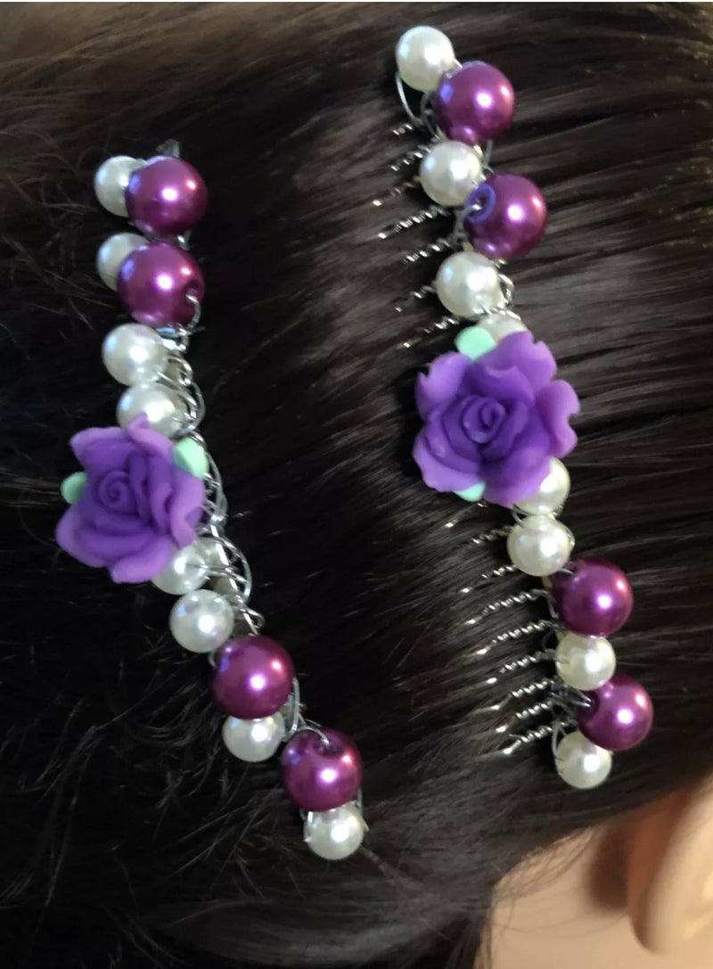 White Purple Flower Pearl Beaded Hair Clip Comb Retro 2 Piece Set