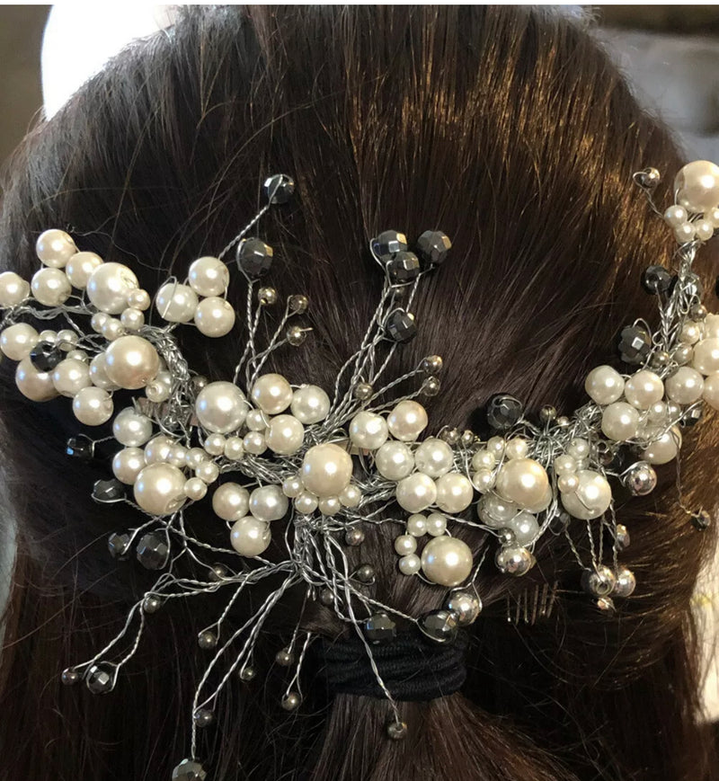 White Silver Pearl Beaded Hair Vines Clip 3.5' Meatal Silver Comb Retro Bridal Wedding Party