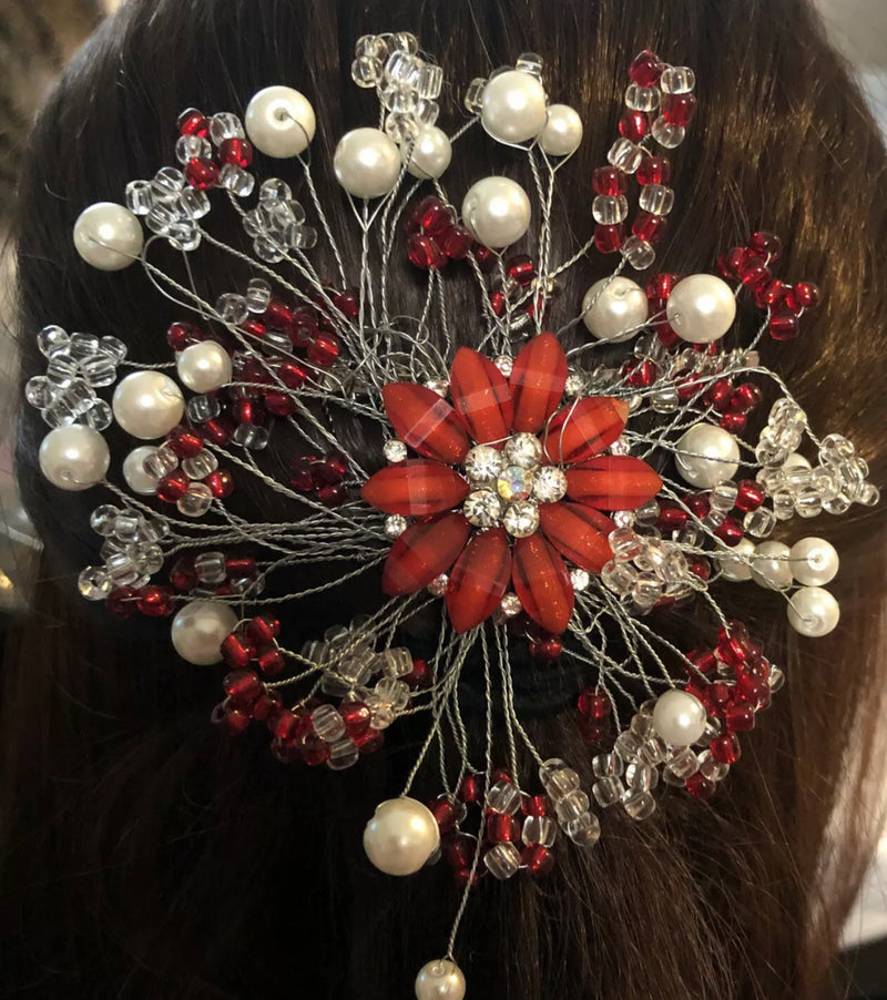 Red Rhinestone Flower Red White Pearl Beaded White Hair Clip Comb Retro Bridal Wedding Party