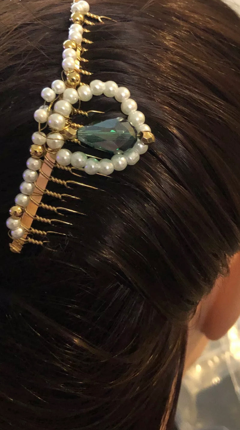 Emerald Green Gold White  Pearl Beaded White Hair Comb Retro Bridal Wedding Party