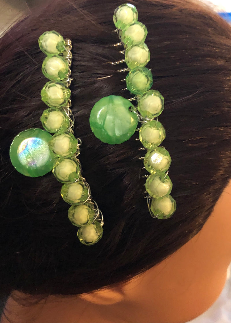 Lime Green Beaded Hair Comb 2pc Set Retro Bridal Wedding Party Prom