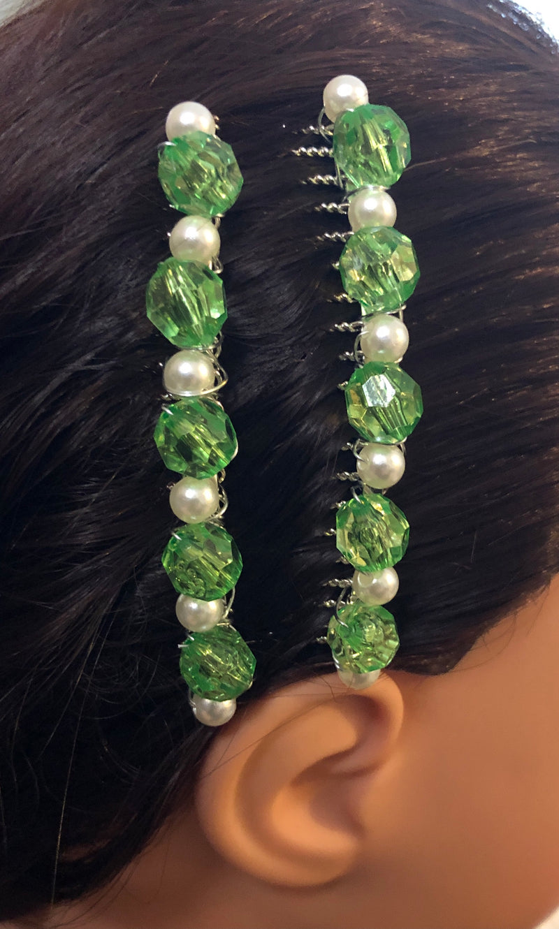 Lime Green White Pearls Beaded Hair Comb 2pc Set Retro Bridal Wedding Party Prom