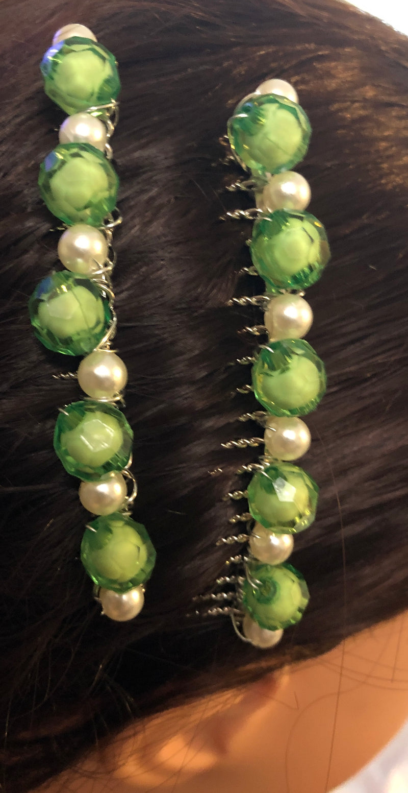 Lime Green White Pearls Beaded Hair Comb 2pc Set Retro Bridal Wedding Party Prom