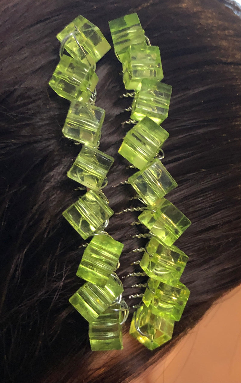 Lime Green Beaded Hair Comb 2pc Set Retro Bridal Wedding Party Prom