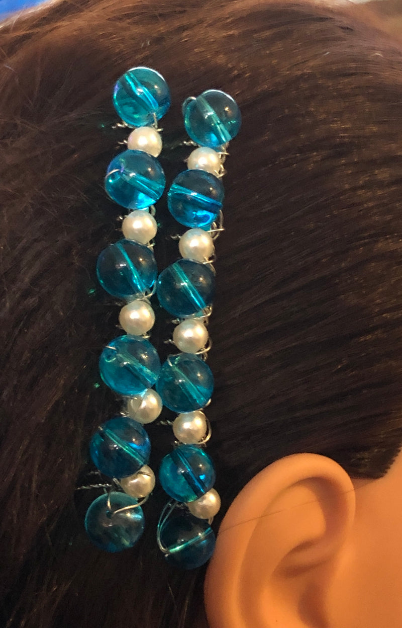 Blue White Pearls Beaded Hair 3.5'Comb Retro Bridal Wedding Party Prom 2 pc set