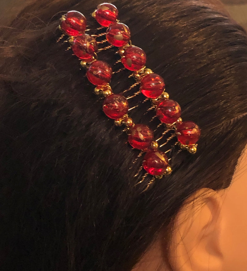 Red Gold Beaded Hair Comb Retro Bridal Wedding Party Prom