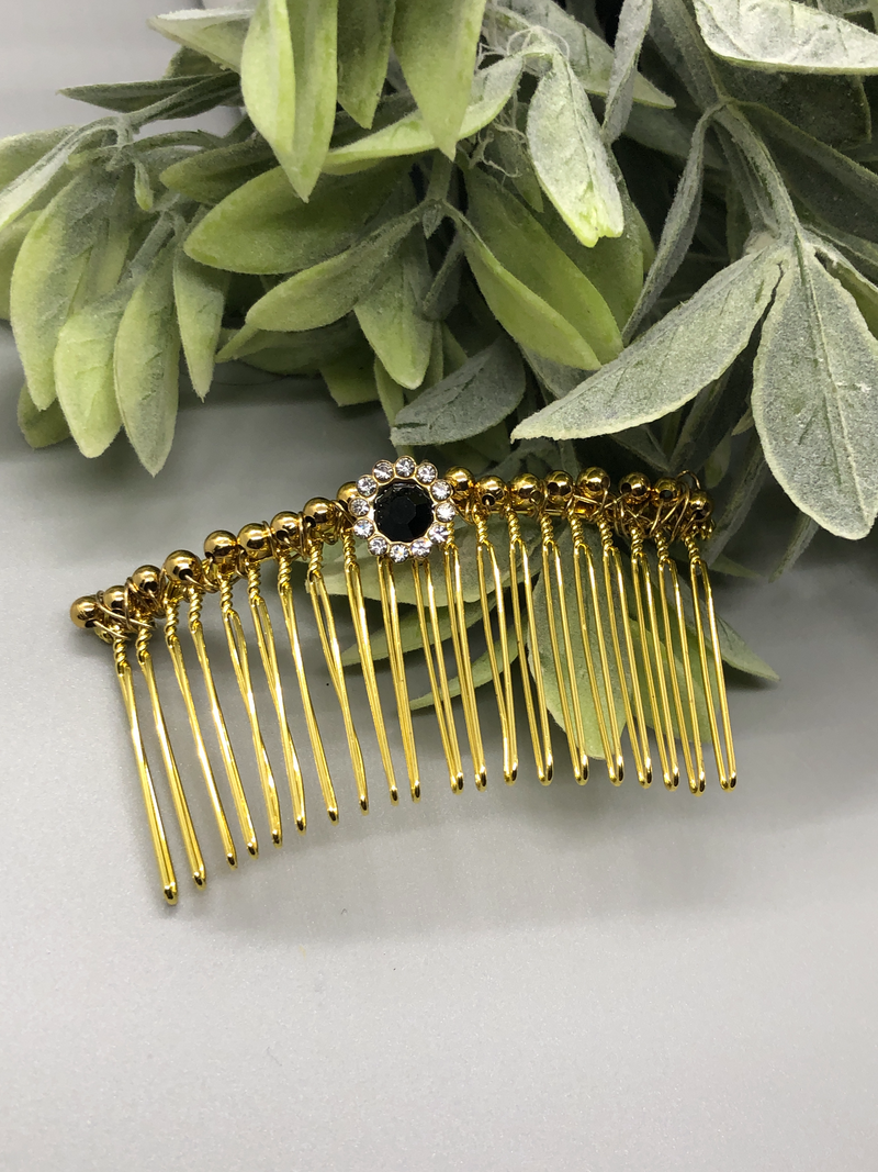 Black Rhinestone Gold Beads 3.5" Metal Side Comb Retro Vintage Style 1 pc