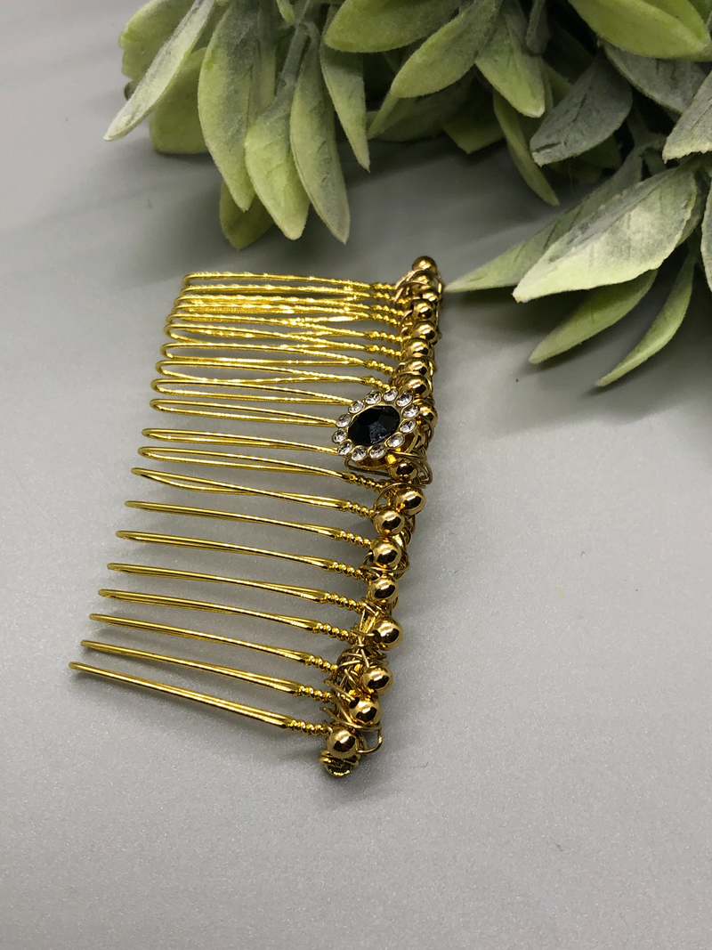 Black Rhinestone Gold Beads 3.5" Metal Side Comb Retro Vintage Style 1 pc