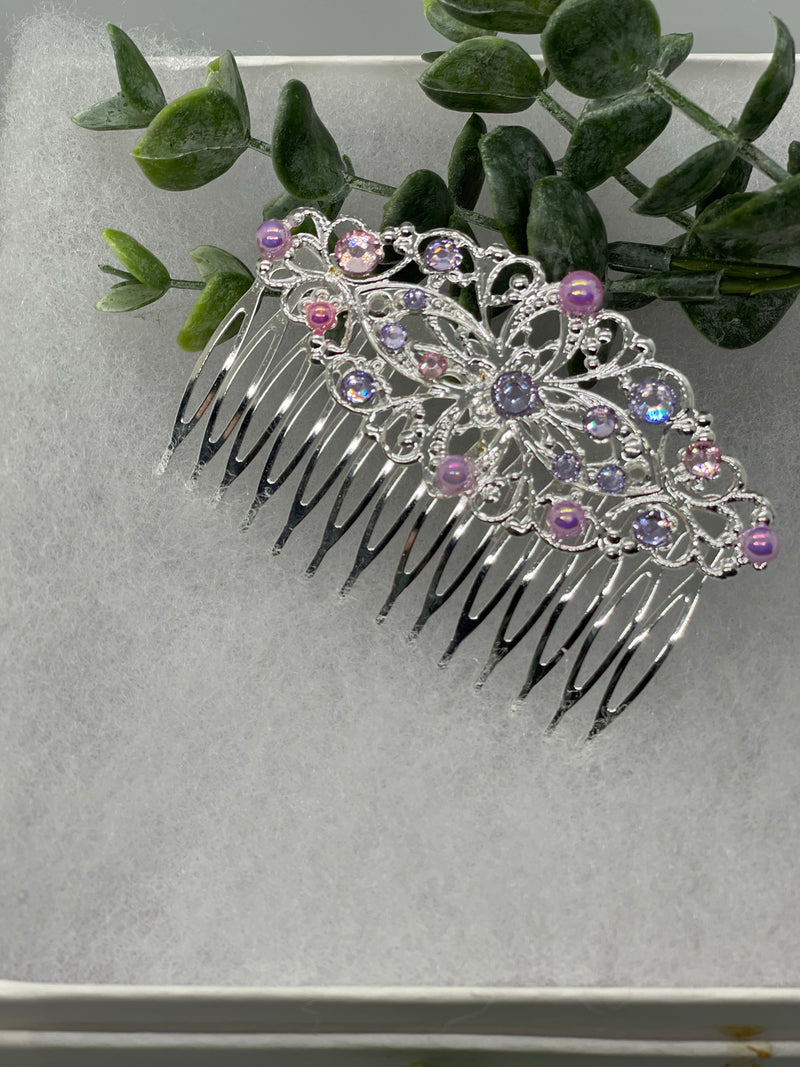 Purple pink crystal vintage style silver tone side comb hair accessory accessories gift birthday event formal